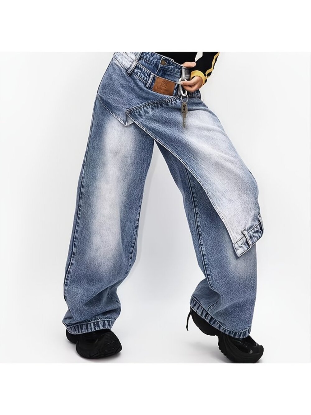 Asymmetrical High Rise Wide Leg Baggy Jeans Washed Denim - Picture 3 of 7